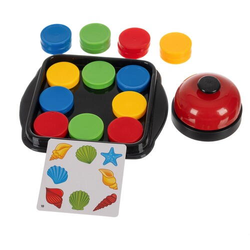 Joc de inteligenta Quick Pucks, 16 discuri, 40 cartonase cu imagini, clopot, 5.2 x 3.2 x 1.5 cm