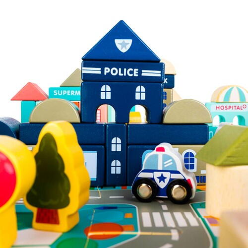 Set de 115 cuburi de construit din lemn pentru copii, "Orasul meu", educational si creativ cu diferite ilustratii vesele