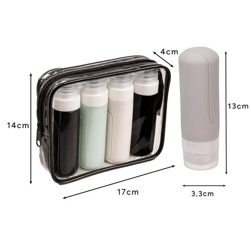 Set 4 recipiente de calatorie, Capacitate 90 ml, Inchidere etansa, Autocolante incluse, Geanta depozitare, PVC/silicon