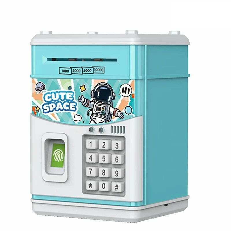 Pusculita pentru copii tip seif, Cod pin si amprenta, Muzica, Rulare automata a banilor, Cute Space, Bleu
