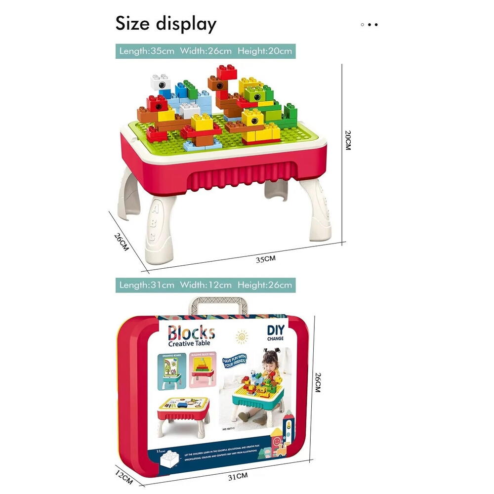 Masuta de joaca pentru copii, Multifunctionala 2 in 1, Tabla de Colorat, 5 Markere, Burete, 58 Cuburi Incluse, Rosu