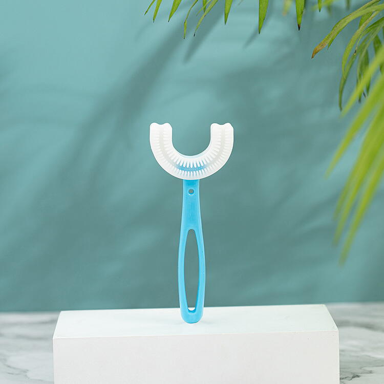 Periuta de dinti pentru copii, 2-7 ani, in forma de U, din silicon, periaj si curatare gingii 360, Bleu