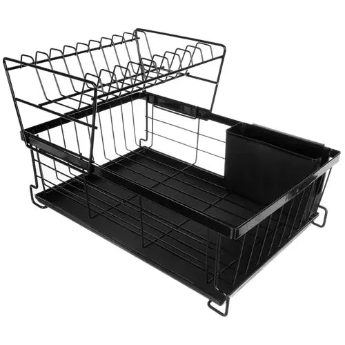 Scurgator de Vase, Doua niveluri, cu Suport Tacamuri si Pahare, Tavita Inclusa, Negru, 43 x 29 x 27 cm
