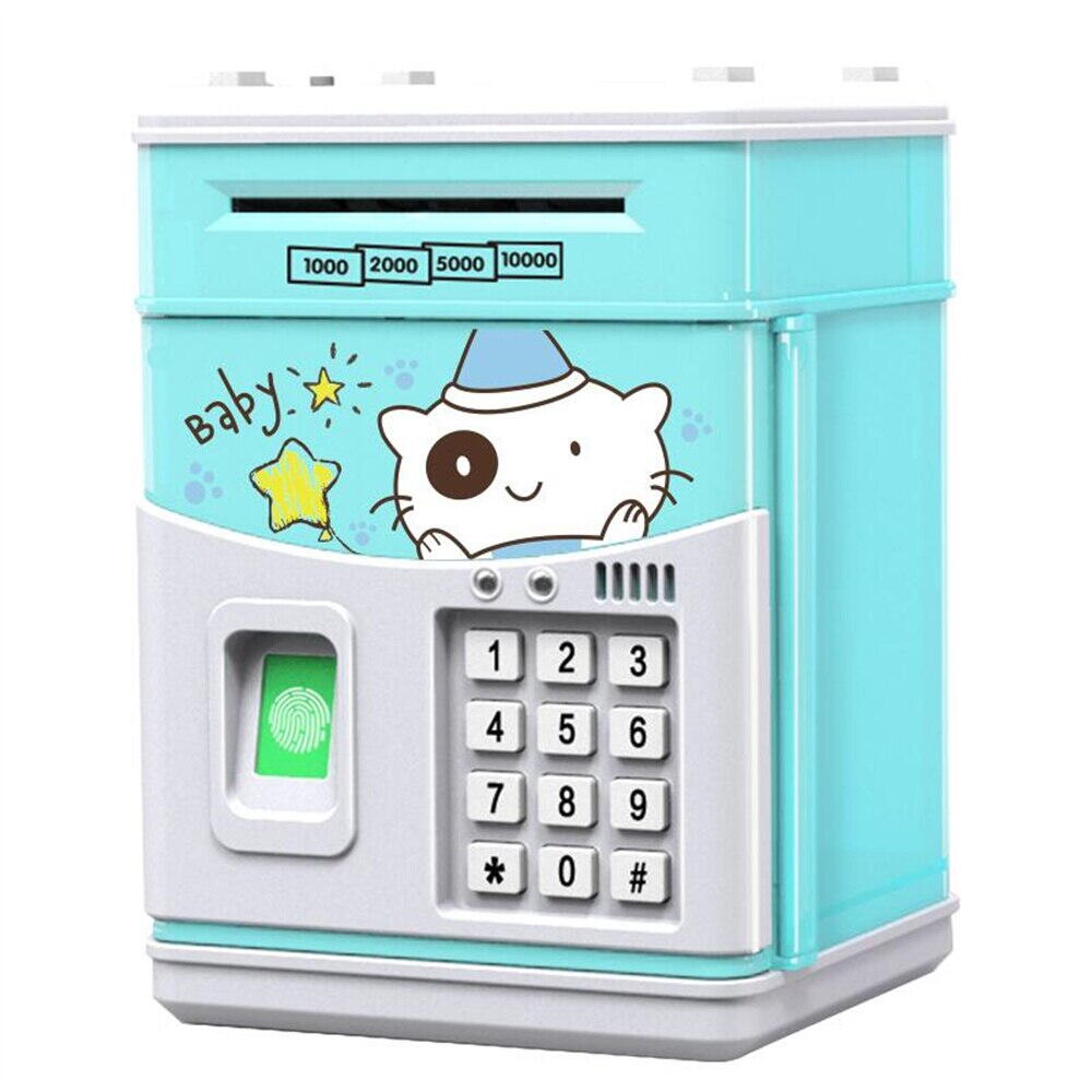 Pusculita pentru copii tip seif, Cod pin si amprenta, Muzica, Rulare automata a banilor, Bleu