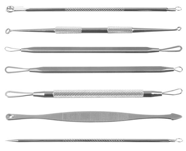 Trusa 7 instrumente din inox, pentru cosmetica, extractia comedoanelor si a punctelor negre, trusa depozitare negra