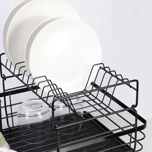 Scurgator de Vase, Doua niveluri, cu Suport Tacamuri si Pahare, Tavita Inclusa, Negru, 43 x 29 x 27 cm