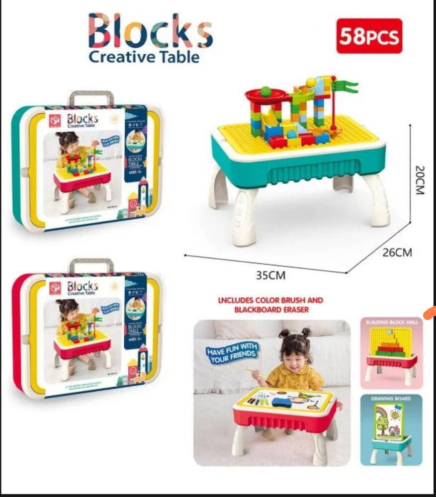Masuta de joaca pentru copii, Multifunctionala 2 in 1, Tabla de Colorat, 5 Markere, Burete, 58 Cuburi Incluse, Rosu