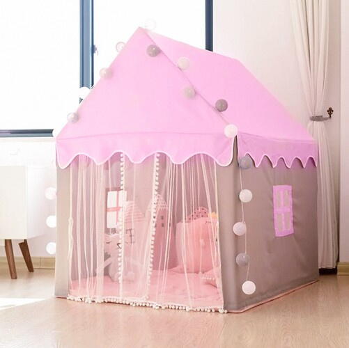 Cort de joaca pentru fetite cu lumini LED incluse, tip casa, cu ferestre, interior / exterior, 130 x 100 x 115 cm, Roz