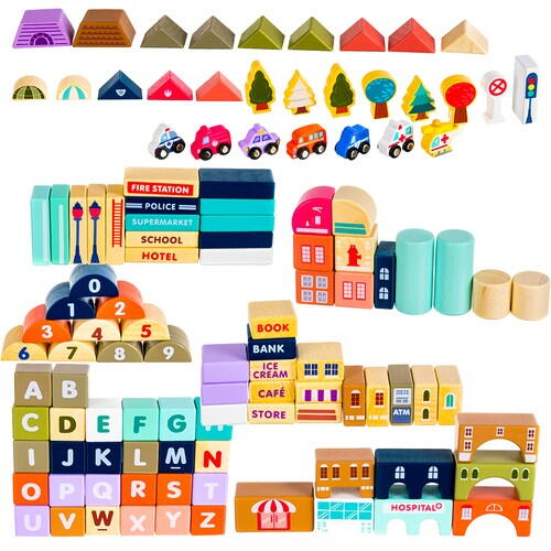 Set de 115 cuburi de construit din lemn pentru copii, "Orasul meu", educational si creativ cu diferite ilustratii vesele
