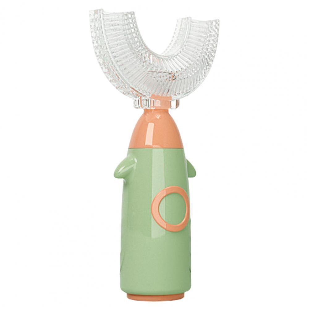 Periuta de dinti pentru copii, 2-6 ani, in forma de U, din silicon, periaj si curatare gingii 360, Verde/Portocaliu