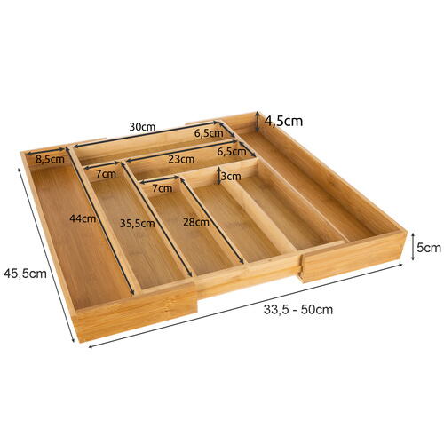 Organizator extensibil tacamuri si ustensile de bucatarie, Bambus, 6-8 compartimente, Design elegant, 50 x 45.5 x 5 cm
