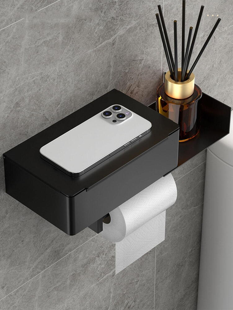 Suport pentru hartie igienica, cu etajera si cutie depozitare, Aluminiu, Negru