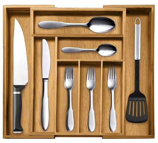 Organizator extensibil tacamuri si ustensile de bucatarie, Bambus, 6-8 compartimente, Design elegant, 50 x 45.5 x 5 cm