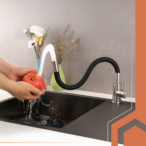 Baterie flexibila pentru chiuveta bucatarie, Rotire 360 grade, Inaltime reglabila, Silicon, Otel, PVC