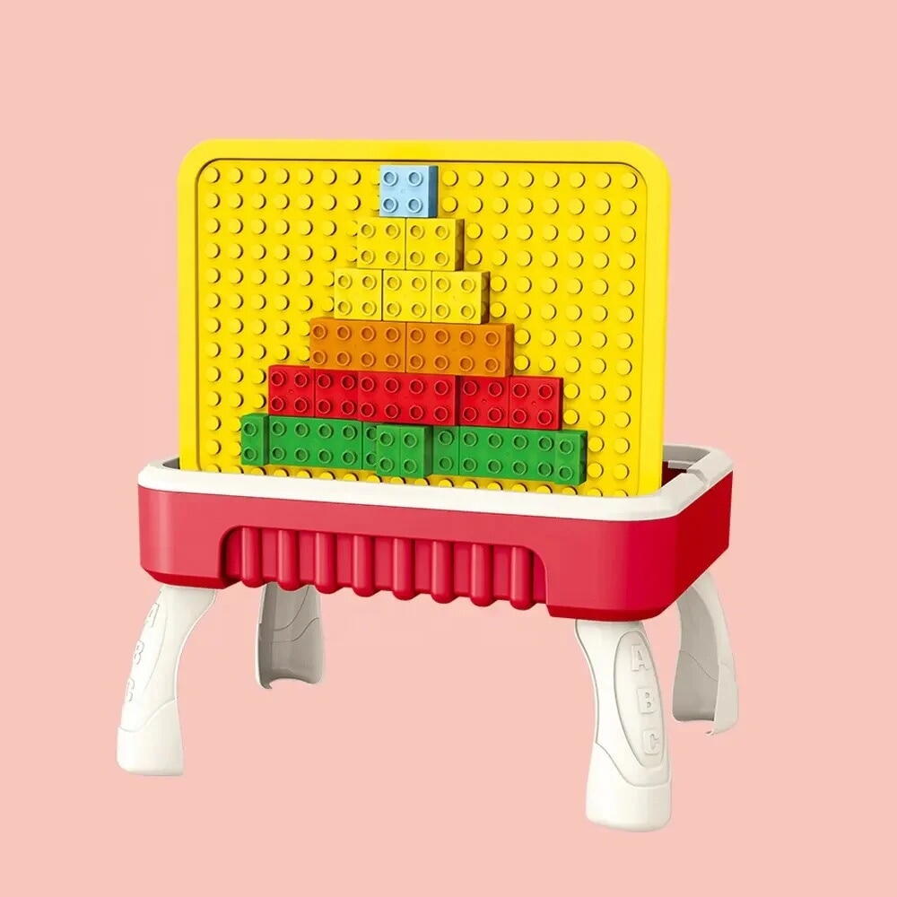 Masuta de joaca pentru copii, Multifunctionala 2 in 1, Tabla de Colorat, 5 Markere, Burete, 58 Cuburi Incluse, Rosu