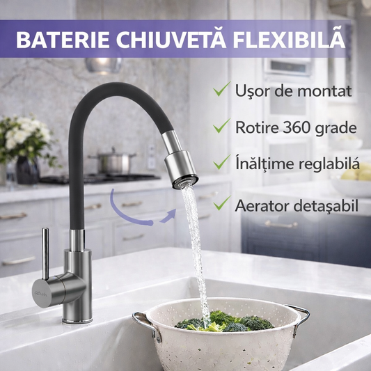 Baterie flexibila pentru chiuveta bucatarie, Rotire 360 grade, Inaltime reglabila, Silicon, Otel, PVC