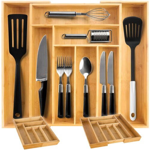 Organizator extensibil tacamuri si ustensile de bucatarie, Bambus, 6-8 compartimente, Design elegant, 50 x 45.5 x 5 cm