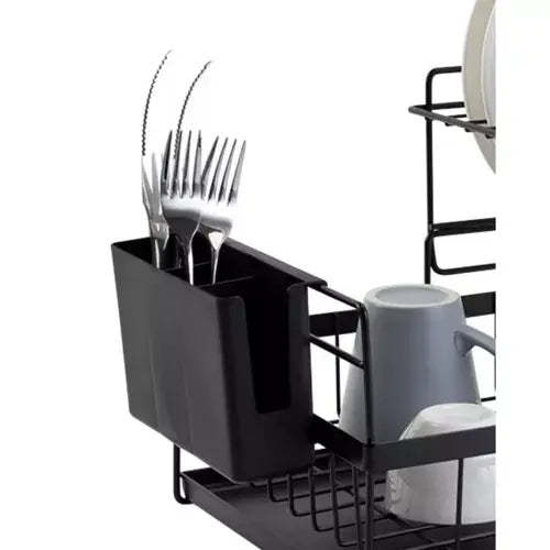 Scurgator de Vase, Doua niveluri, cu Suport Tacamuri si Pahare, Tavita Inclusa, Negru, 43 x 29 x 27 cm