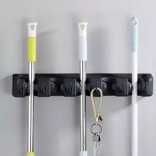 Suport de perete tip organizator pentru maturi si mop, 6 cuiere pliabile, Negru