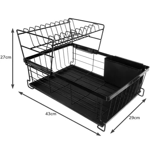 Scurgator de Vase, Doua niveluri, cu Suport Tacamuri si Pahare, Tavita Inclusa, Negru, 43 x 29 x 27 cm