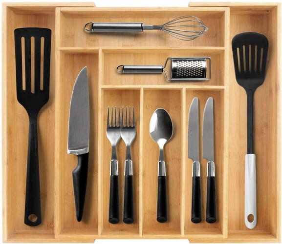 Organizator extensibil tacamuri si ustensile de bucatarie, Bambus, 6-8 compartimente, Design elegant, 50 x 45.5 x 5 cm