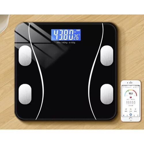Cantar corporal inteligent, cu diagnostic si termometru, USB, Bluetooth, App pentru fitness, din sticla securizata, LCD, Negru