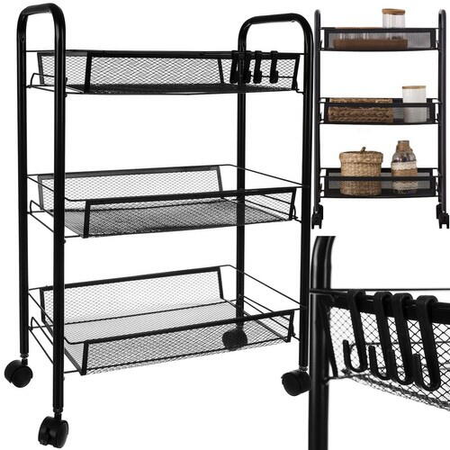 Raft mobil pentru bucatarie sau baie, Organizator, Metalic, 3 rafturi, 2 roti cu blocare, 65 x 25 x 44 x cm, Negru