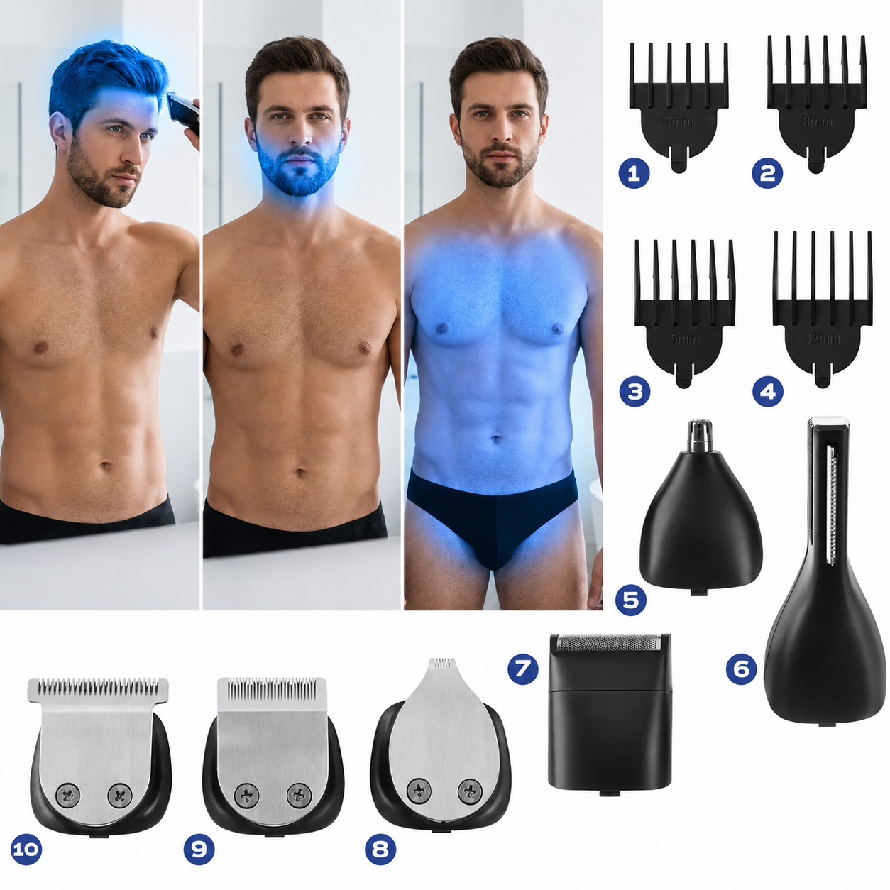 Masina de Tuns Barba si Parul 10 in 1, RapidCut, Autonomie 90 min, Nas, Urechi, Suport, Acumulator