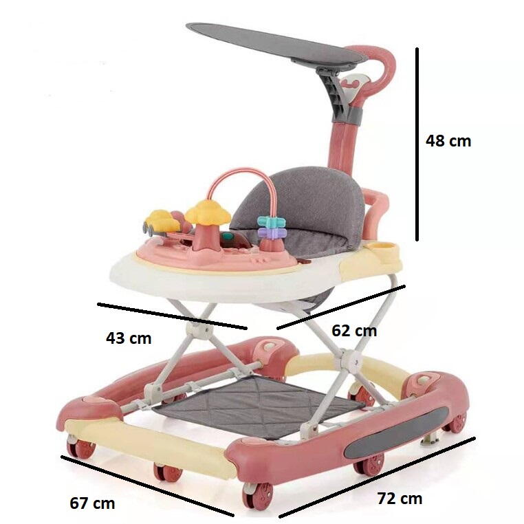 Premergator copii 6in1, Pliabil, Reglabil, Convertibil, Antepremergator, Tavita mancare, Copertina, Muzica, 5 trepte viteza, Jocuri, Sistem Franare, Roz