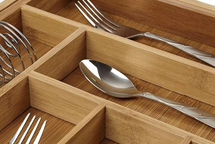 Organizator extensibil tacamuri si ustensile de bucatarie, Bambus, 6-8 compartimente, Design elegant, 50 x 45.5 x 5 cm