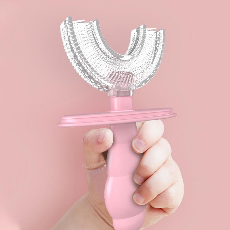Periuta de dinti pentru copii, 2-6 ani, cu capac protectie, in forma de U, din silicon, periaj si curatare gingii 360, Roz
