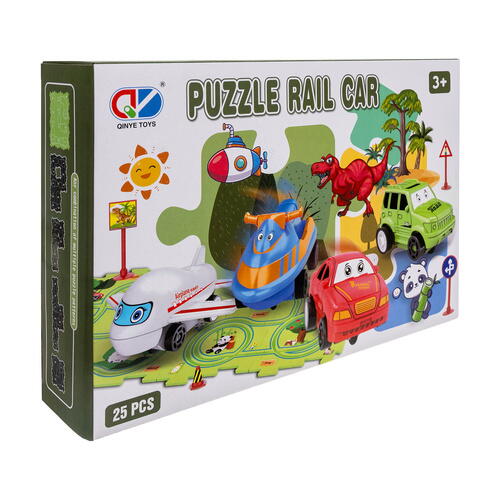 Set 25 piese cu masinuta, traseu puzzle racer, jucarie interactiva cu desene din mare, semne de circulatie si combinatii multiple