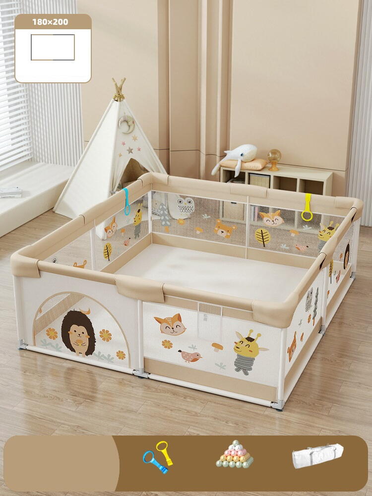 Tarc de joaca pentru copii, centru de activitati, interior si exterior, cu plasa de protectie si usa, covor si bile incluse, protectie bare, XXL 180x200cm Multicolor