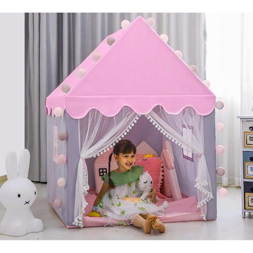 Cort de joaca pentru fetite cu lumini LED incluse, tip casa, cu ferestre, interior / exterior, 130 x 100 x 115 cm, Roz