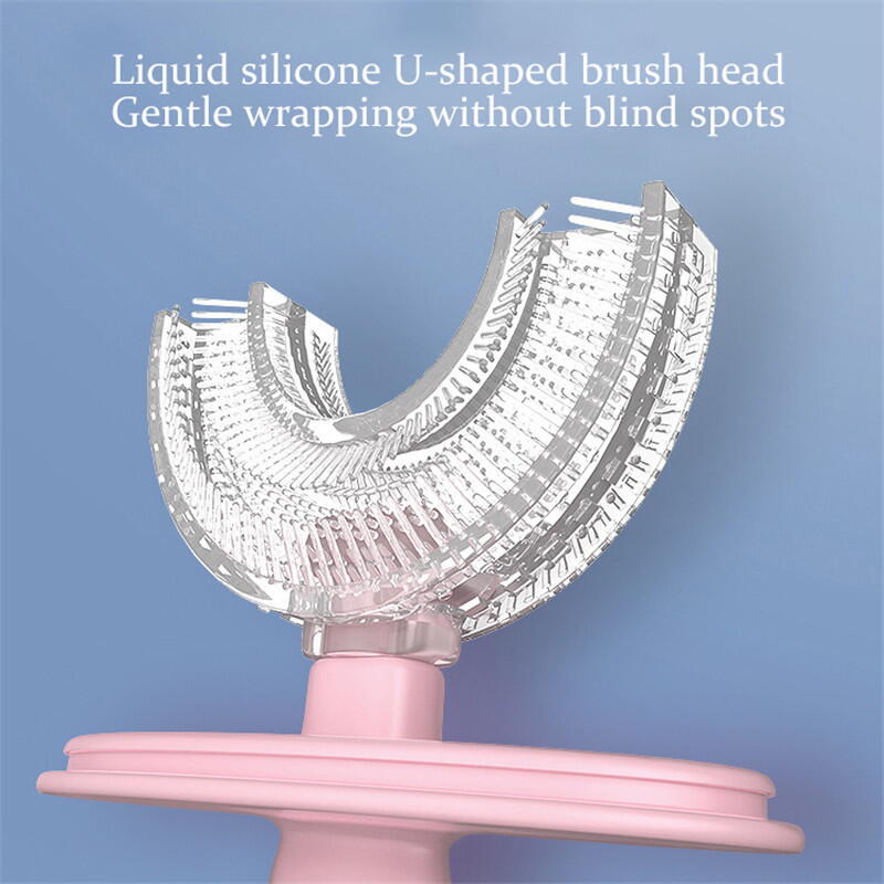 Periuta de dinti pentru copii, 2-6 ani, cu capac protectie, in forma de U, din silicon, periaj si curatare gingii 360, Roz