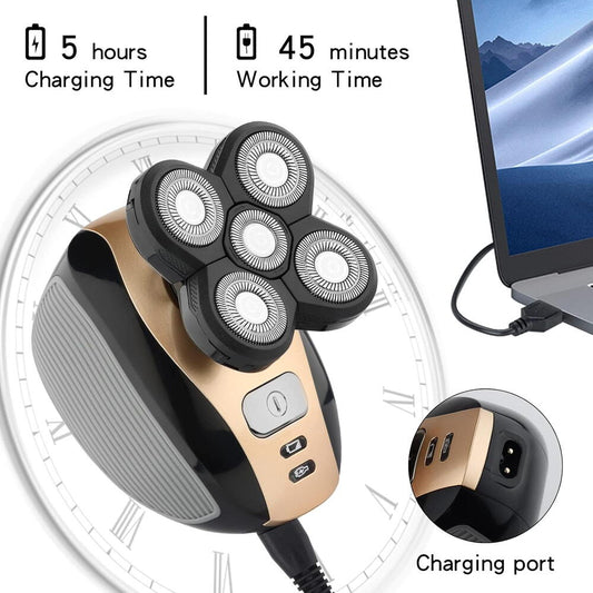 Aparat fara fir de ras, barbierit si tuns, 6 lame, 3 capete interschimbabile, 5 accesorii, IPX6, 600 mAh, USB, 9 x 7.5 x 8 cm, Negru