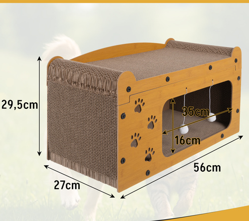 Zgarietor pentru pisic, Tip pat, 2 niveluri, din lemn, cu jucarie suspendata, spatiu mare