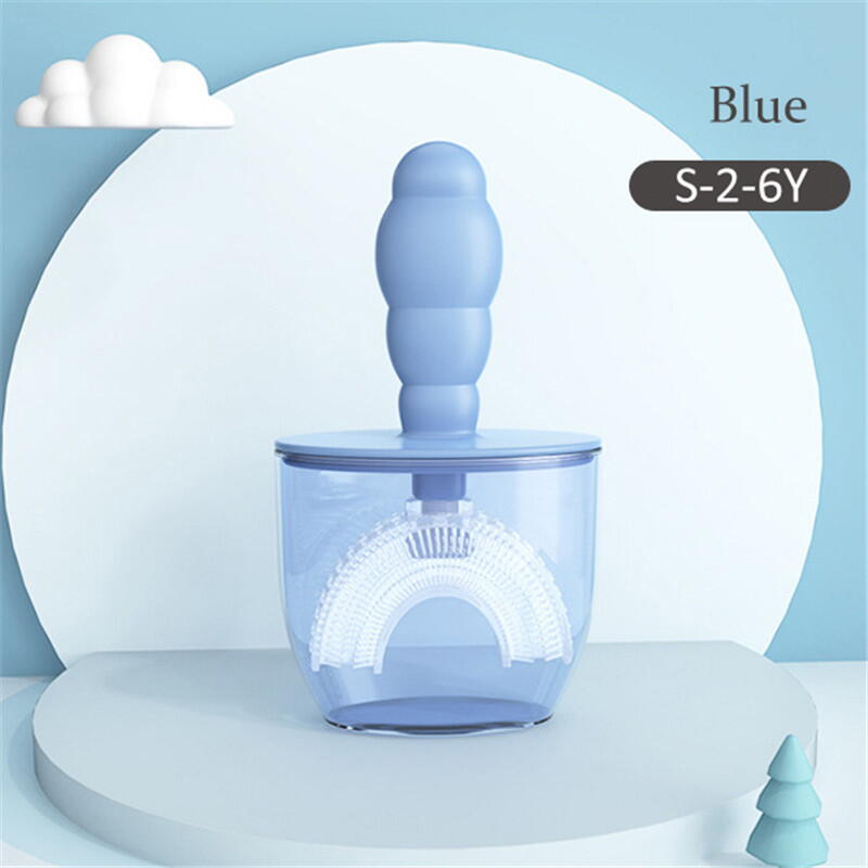 Periuta de dinti pentru copii, 2-6 ani, cu capac protectie, in forma de U, din silicon, periaj si curatare gingii 360, Albastru