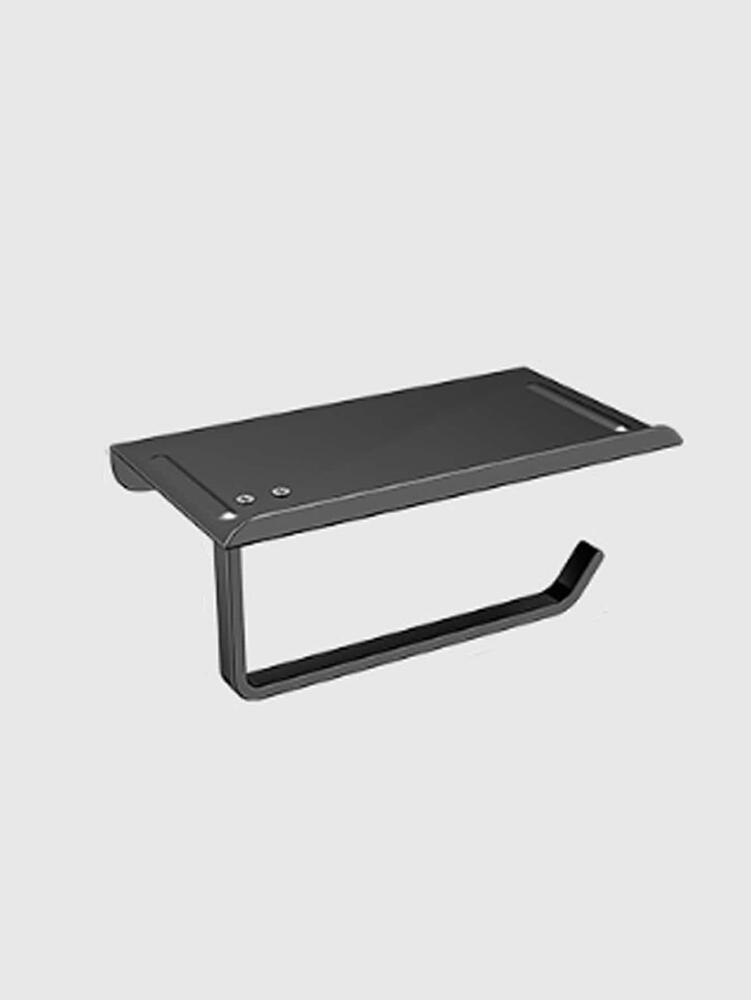 Suport hartie igienica cu raft depozitare telefon sau alte accesorii, Aluminiu, Negru