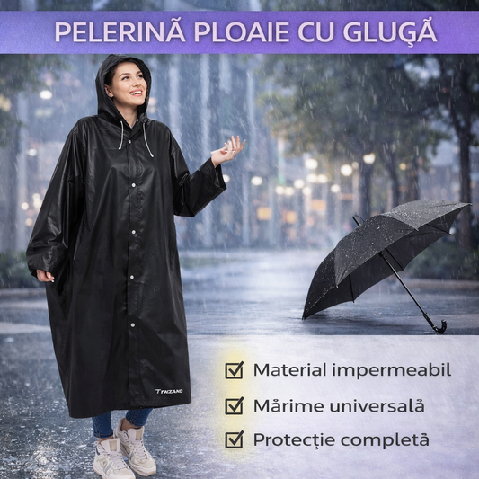 Pelerina de Ploaie Impermeabila , Lungime 110 cm, Confectionata din Material EVA, Prindere cu Capse, Gluga cu snur, Ideal pentru Camping, Drumetii, Pescuit