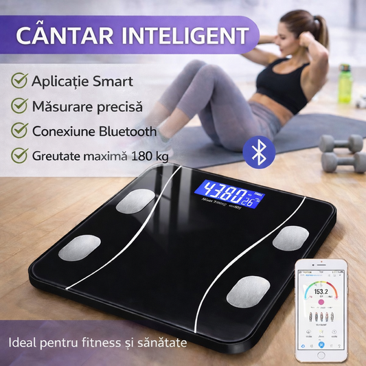 Cantar corporal inteligent, cu diagnostic si termometru, USB, Bluetooth, App pentru fitness, din sticla securizata, LCD, Negru