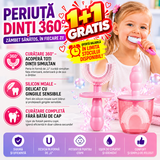 1+1 GRATIS Periuta de dinti pentru copii, 6-12 ani, cu capac protectie, in forma de U, din silicon, periaj si curatare gingii 360, Roz