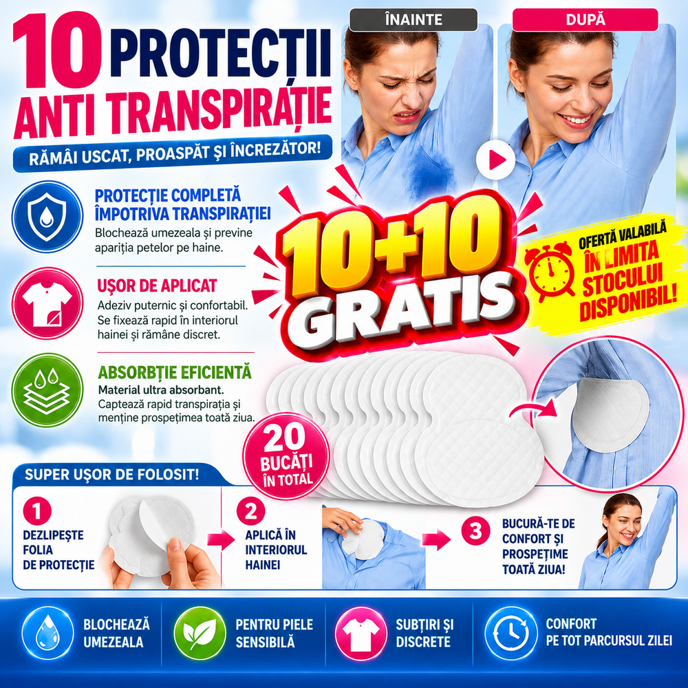 10+10 GRATIS Tampoane Absorbante Anti Transpiratie pentru axila, autoadezive, Unisex, 10 Buc