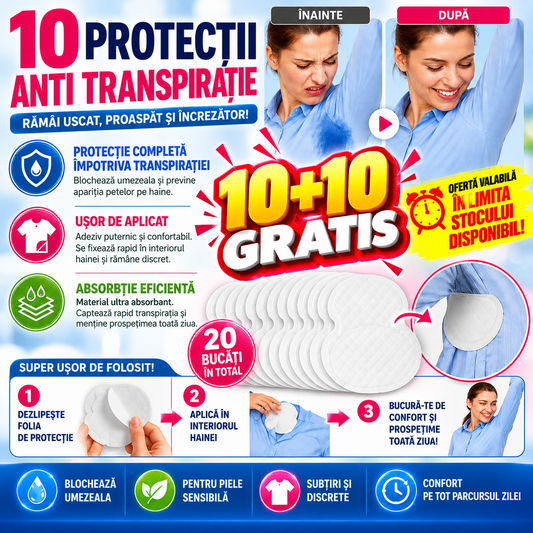 10+10 GRATIS Tampoane Absorbante Anti Transpiratie pentru axila, autoadezive, Unisex, 10 Buc