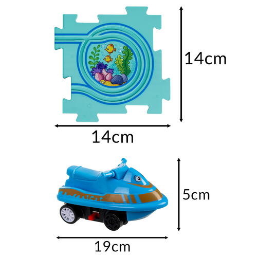 Set 25 piese cu masinuta, traseu puzzle racer, jucarie interactiva cu desene din mare, semne de circulatie si combinatii multiple