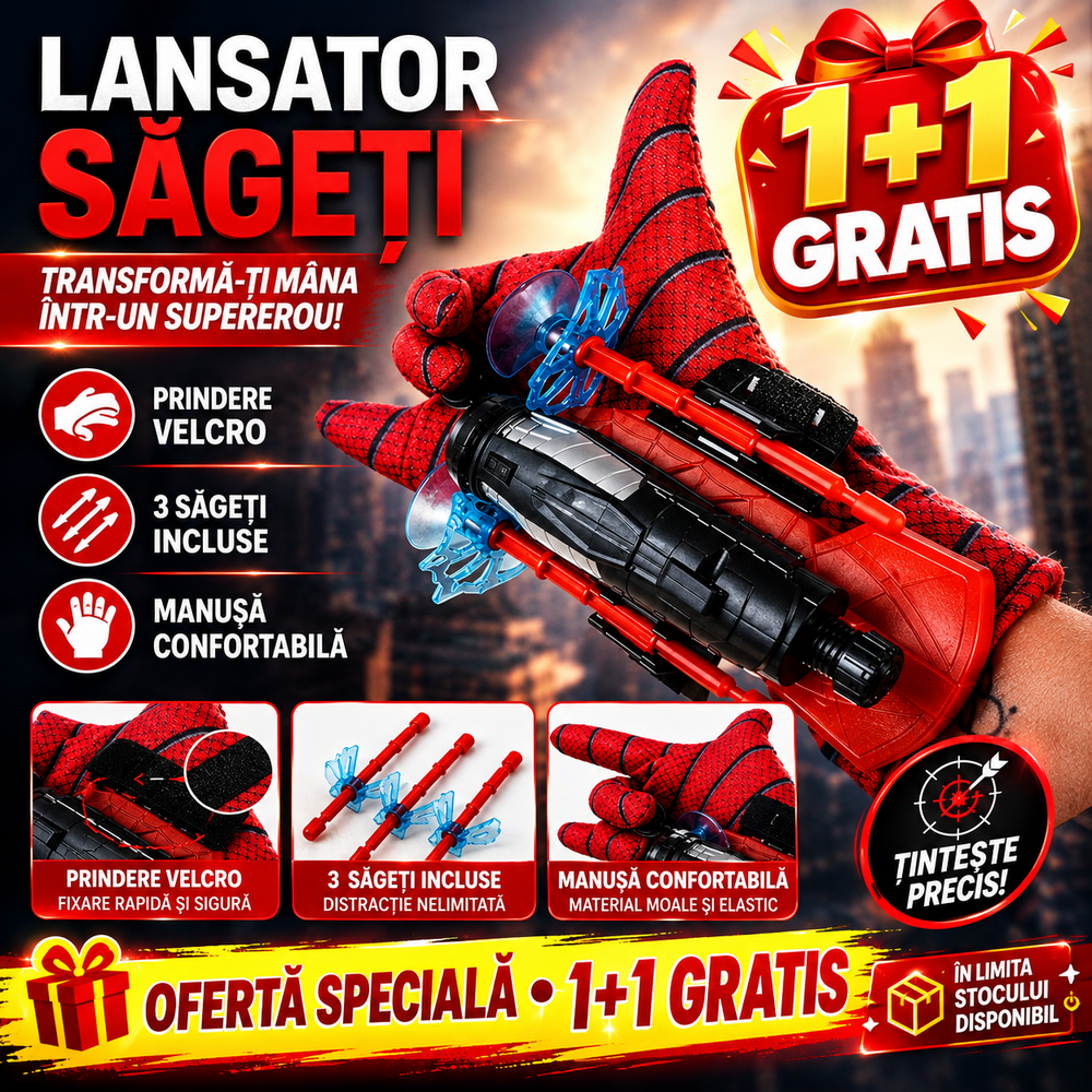 1+1 GRATIS Lansator de Sageti, Manusa lui SpiderMan, din material textil cu lansator si trei sageti, pentru copii