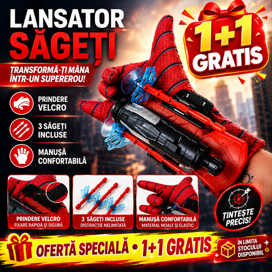 1+1 GRATIS Lansator de Sageti, Manusa lui SpiderMan, din material textil cu lansator si trei sageti, pentru copii