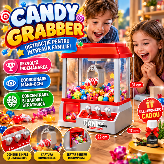 Jucarie interactiva macara cu gheara pentru prinderea dulciurilor, Candy Grabber, Monede incluse, cu baterii, 31 x 17 x 22 cm, Rosu / Argintiu