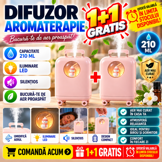 1+1 GRATIS Umidificator de aer cu ultrasunete, 210ML, cu iluminat LED, pentru casa si birou, Rose