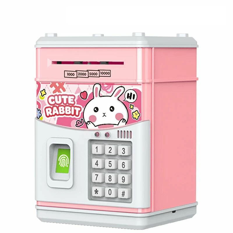 Pusculita pentru copii tip seif, Cod pin si amprenta, Muzica, Rulare automata a banilor, Cute Rabbit, Roz